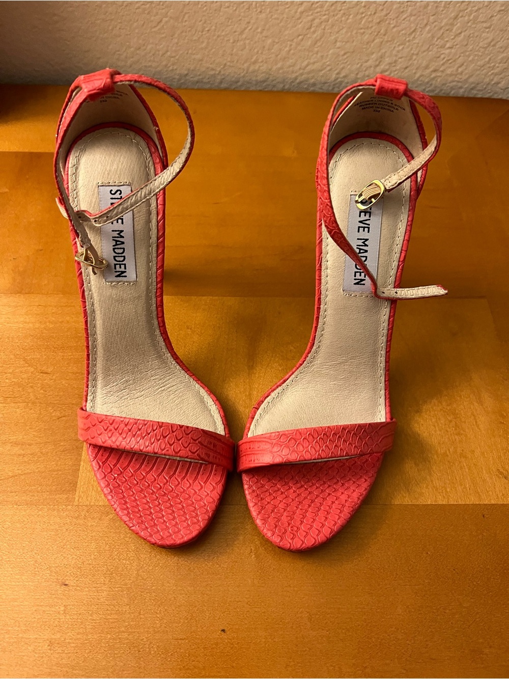 Steve Madden Coral-Pink Textured Ankle-Strap Heels